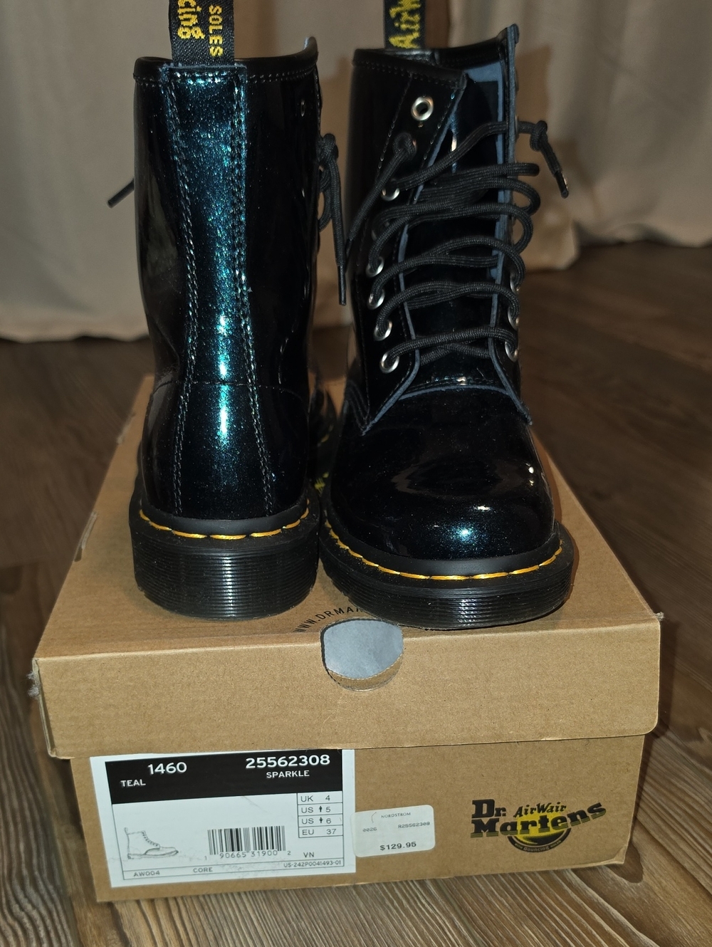 Dr. Martens Teal Sparkle Patent Lace-Up Boots